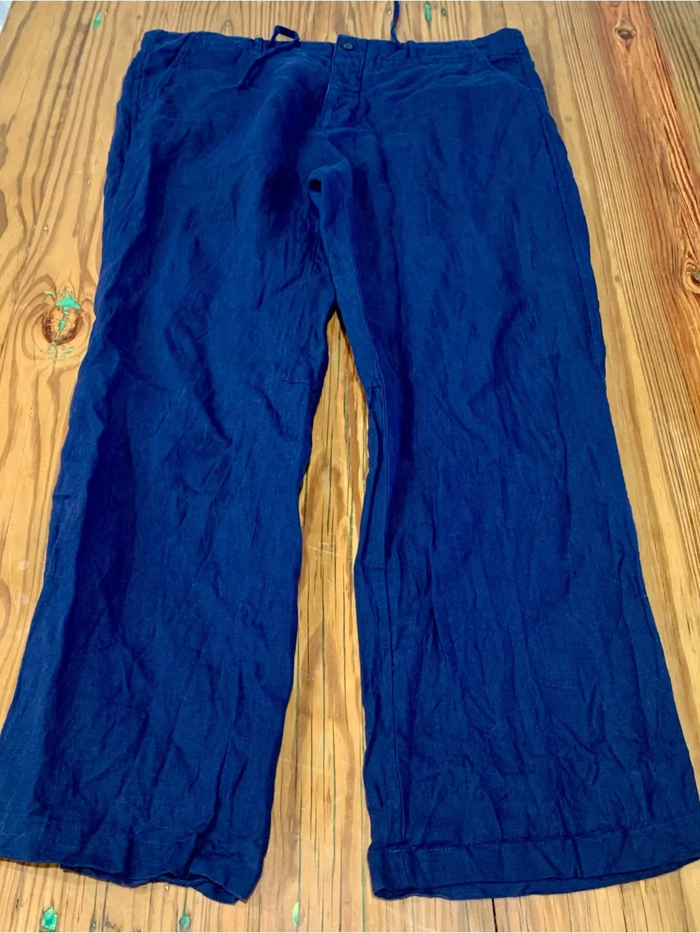 BENSON NYC Mens XL 100% Linen Drawstring Pants Navy Blue Wide Leg Beach Casual